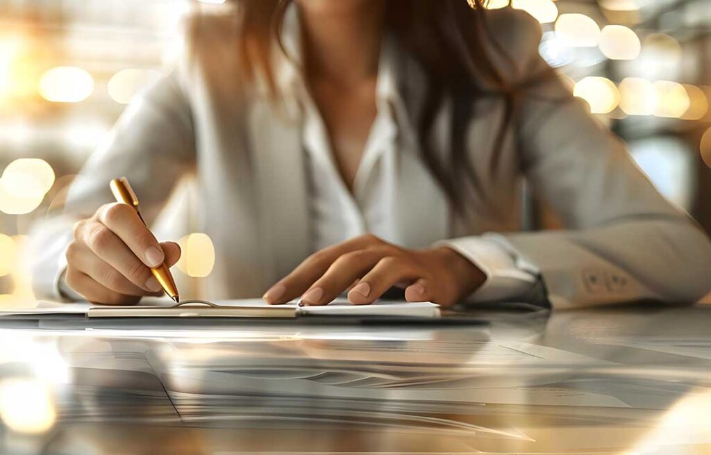 A person sitting at a kitchen table carefully reviewing a multi-page insurance document with a pen and notebook.